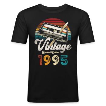 Vintage 1995 Geburtstag Kassette Bleistift - Männer Slim Fit T-Shirt - Schwarz - Vorne - Nik (191cm)