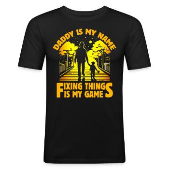 Papa est mon nom réparer les choses est mon jeu - T-shirt près du corps Homme - noir - Devant - Nik (191cm)