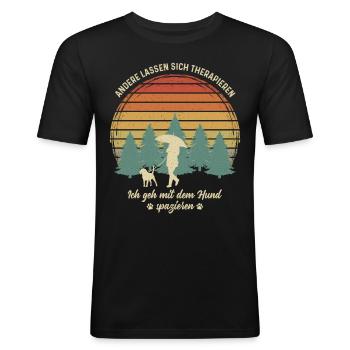 Frau mit Hund Gassi gehen Therapie Hundebesitzerin - Männer Slim Fit T-Shirt - Schwarz - Vorne - Nik (191cm)