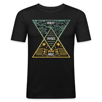 Physik , Magie und Realität, Physiker Geschenk - Männer Slim Fit T-Shirt - Schwarz - Vorne - Nik (191cm)