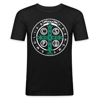 Religiös-katholische St. Benedikt-Medaille - Männer Slim Fit T-Shirt - Schwarz - Vorne - Nik (191cm)