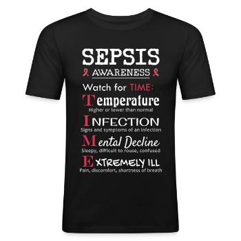 Éducation sur la septicémie - Faites attention au guide TIME - T-shirt près du corps Homme - noir - Devant - Nik (191cm)