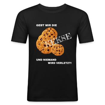 Gebt mir die Kekse und niemand wird verletzt! - Männer Slim Fit T-Shirt - Schwarz - Vorne - Nik (191cm)