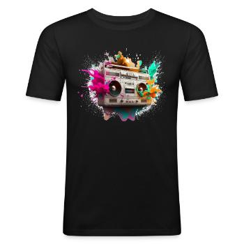 Stereo-Explosion - Männer Slim Fit T-Shirt - Schwarz - Vorne - Nik (191cm)