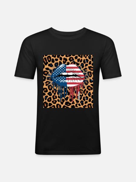 Leopard Lips with USA Flag - Men's Slim Fit T-Shirt - black