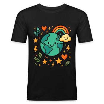 Happy Earth Cartoon Planet - Männer Slim Fit T-Shirt - Schwarz - Vorne - Nik (191cm)