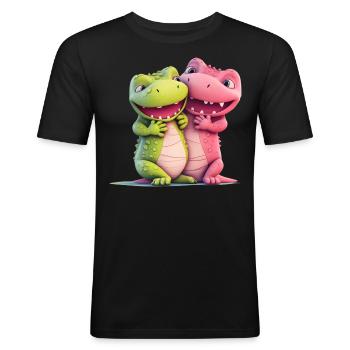 Niedlicher Dinosaurus kuschelt Paar Matching - Männer Slim Fit T-Shirt - Schwarz - Vorne - Nik (191cm)