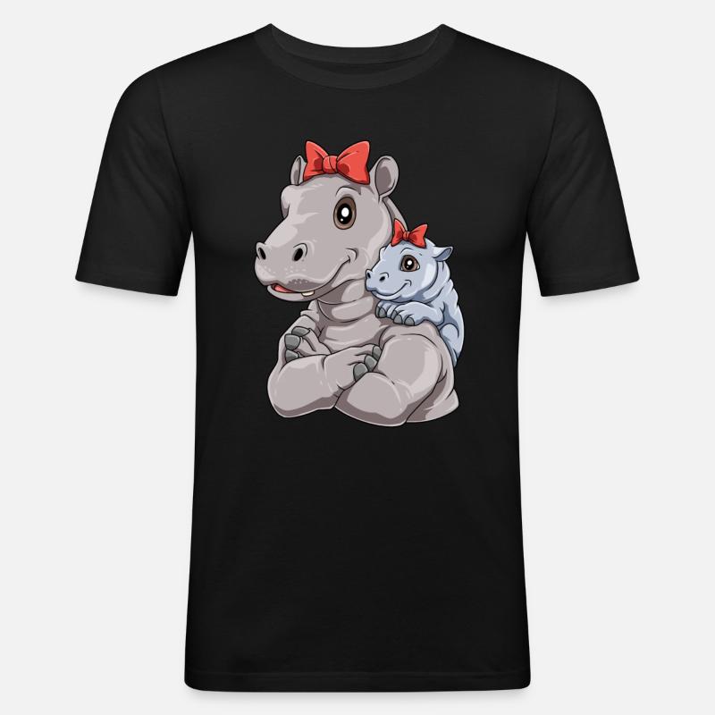 Liebevolles Nilpferd mit Nilpferd Kind - Männer Slim Fit T-Shirt - Schwarz