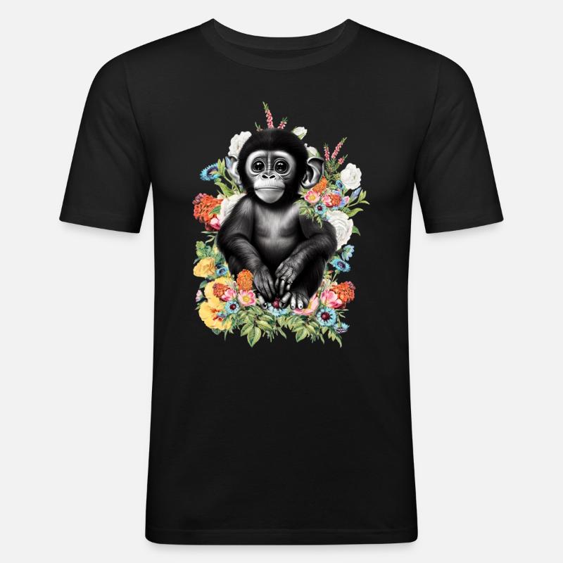 Affe Blumen - Männer Slim Fit T-Shirt - Schwarz