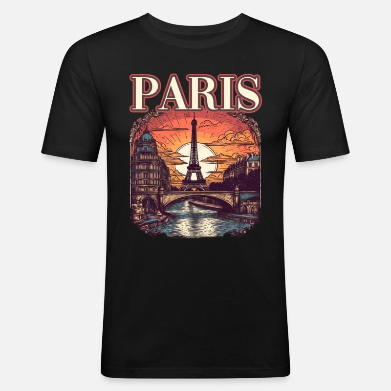 Paris Eiffelturm Bonjour Souvenirs - Männer Slim Fit T-Shirt - Schwarz