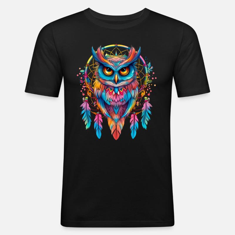 Eule Traumfänger Vogel Federn - Männer Slim Fit T-Shirt - Schwarz