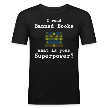 Bok, Böcker, Bibliotek, Läsa, Litteratur, Läsa Böcker, - Slim Fit T-shirt herr - svart - Fram - Nik (191cm)