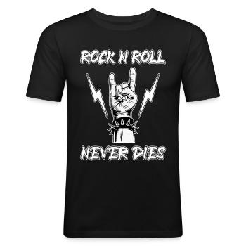 Rock N Roll Never Dies Musik Hardrock Heavy Metal - Männer Slim Fit T-Shirt - Schwarz - Vorne - Nik (191cm)
