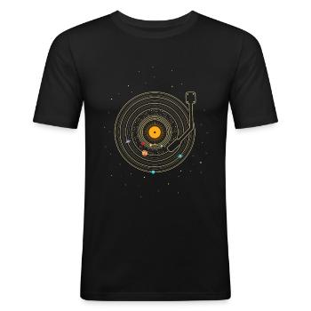 Vinyl Schallplatte als Sonnensystem mit Planeten - Männer Slim Fit T-Shirt - Schwarz - Vorne - Nik (191cm)