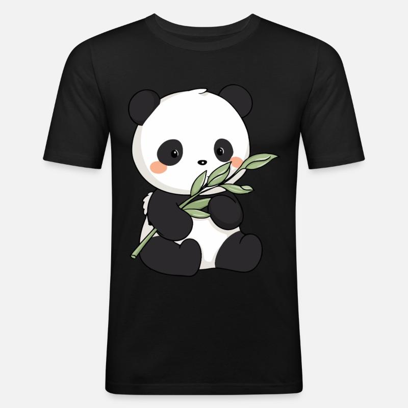 Süßer Kawaii Panda mit Bambus - Männer Slim Fit T-Shirt - Schwarz