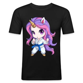 Einhorn Martial Arts Kämpfer, Niedliche Kunst im Chibi-Stil - Männer Slim Fit T-Shirt - Schwarz - Vorne - Nik (191cm)