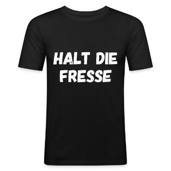 HALT DIE FRESSE - Männer Slim Fit T-Shirt - Schwarz - Vorne - Nik (191cm)