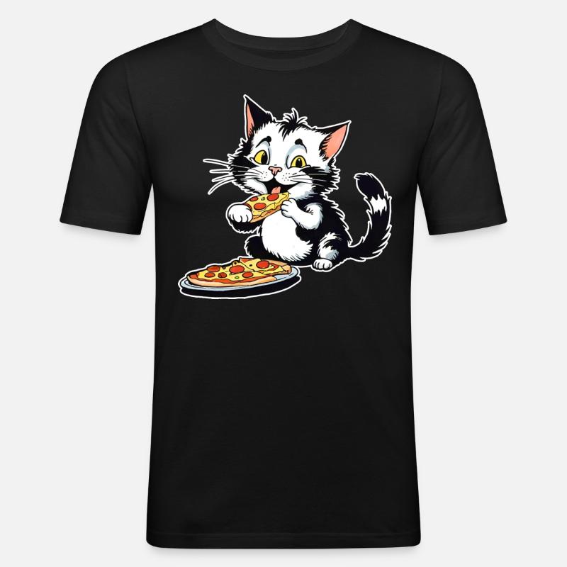 Katze loves Pizza - Männer Slim Fit T-Shirt - Schwarz