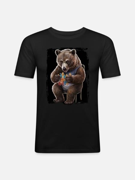 Grizzlybär spielt Puzzle Geschenk - Männer Slim Fit T-Shirt - Schwarz