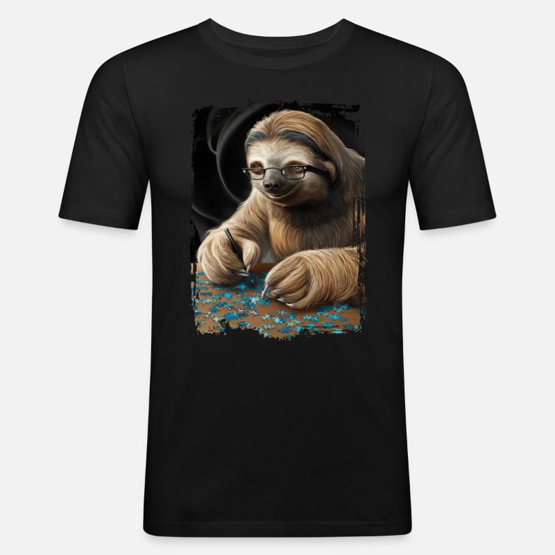 Faultier spielt Puzzle Geschenk - Männer Slim Fit T-Shirt - Schwarz