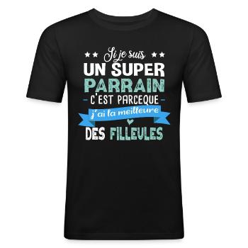 Parrain Filleul Cadeau Baptême Fille Famille - T-shirt près du corps Homme - noir - Devant - Nik (191cm)