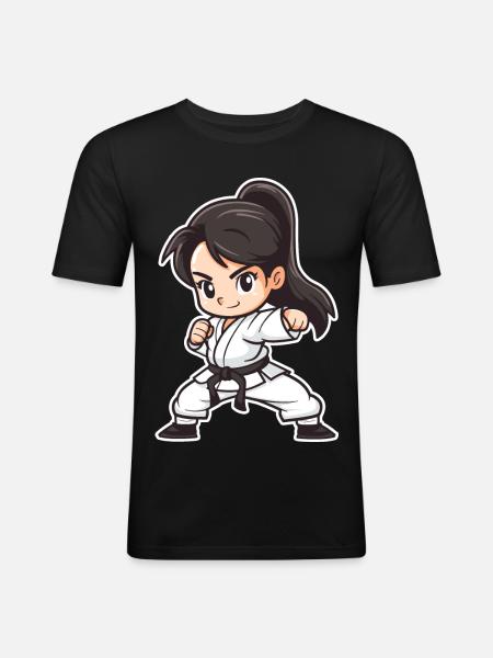 Karate Mädchen Cartoon Stil - Männer Slim Fit T-Shirt - Schwarz