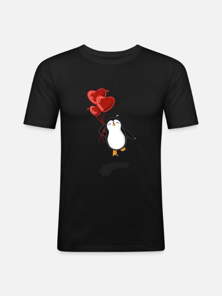 Pinguin mit Herz Luftballons - Männer Slim Fit T-Shirt - Schwarz