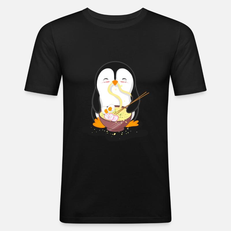 Pinguin isst Ramen Nudel Suppe - Männer Slim Fit T-Shirt - Schwarz