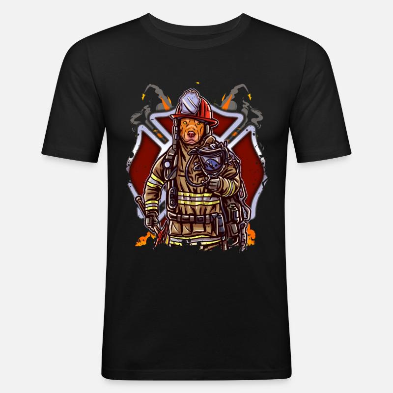 Funny Pitbull Firefighter Fireman - Männer Slim Fit T-Shirt - Schwarz