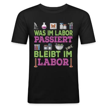 Biologie - Was Im Labor Passiert Bleibt Im Labor - Männer Slim Fit T-Shirt - Schwarz - Vorne - Nik (191cm)