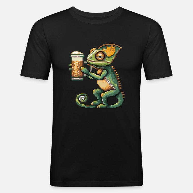 Chameleon Pixel Bier - Männer Slim Fit T-Shirt - Schwarz