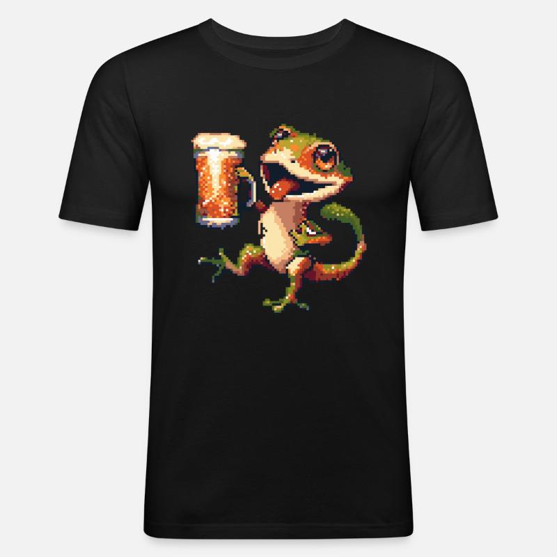 Echse Pixel Bier - Männer Slim Fit T-Shirt - Schwarz