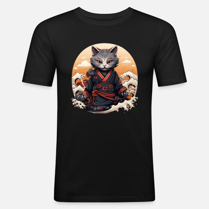Samurai Cat Cat Ninja Katana Giappone - Maglietta aderente da uomo - nero