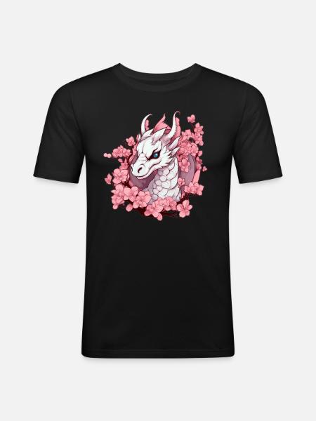 Weißer Drache mit Kirschblüten - Männer Slim Fit T-Shirt - Schwarz
