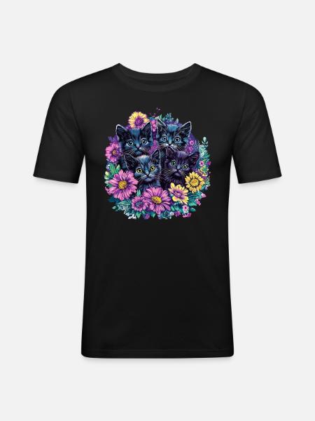 Black kittens with flowers - Men's Slim Fit T-Shirt - black