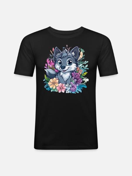 Flower Wolf Cartoon Style - Men's Slim Fit T-Shirt - black