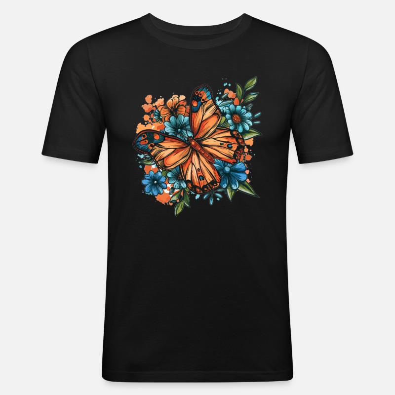 Schmetterling mit Blumen - Männer Slim Fit T-Shirt - Schwarz