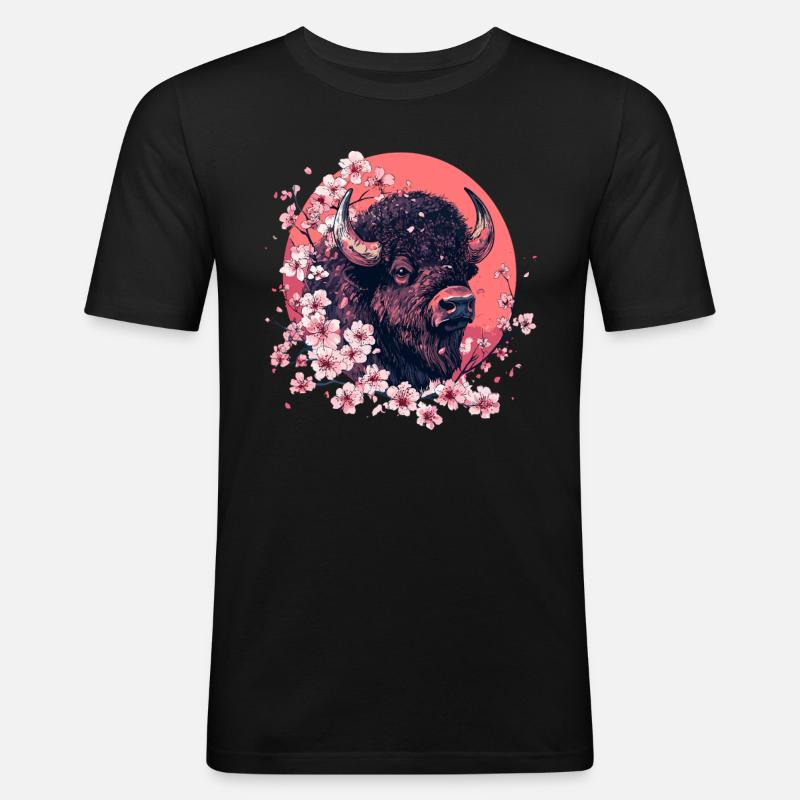 Bison mit Kirschblüten - Männer Slim Fit T-Shirt - Schwarz