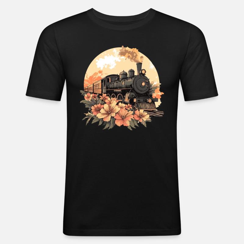 Nostalgic Train with Flowers - Men's Slim Fit T-Shirt - black