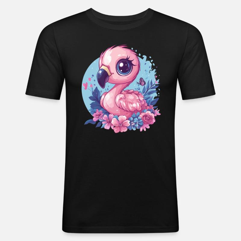 Flamingo mit Blumendeko - Männer Slim Fit T-Shirt - Schwarz