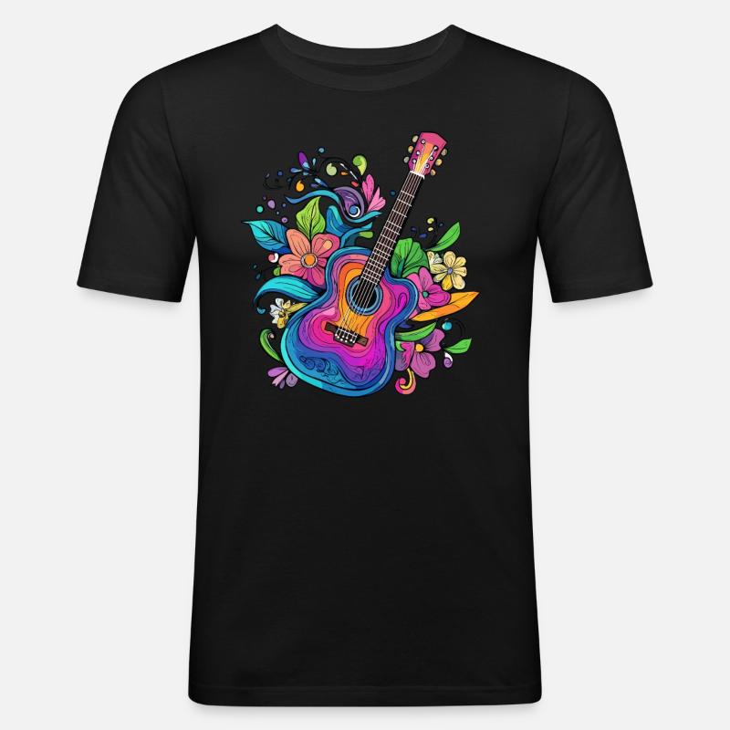 Bunte Gitarre mit Blumen - Männer Slim Fit T-Shirt - Schwarz