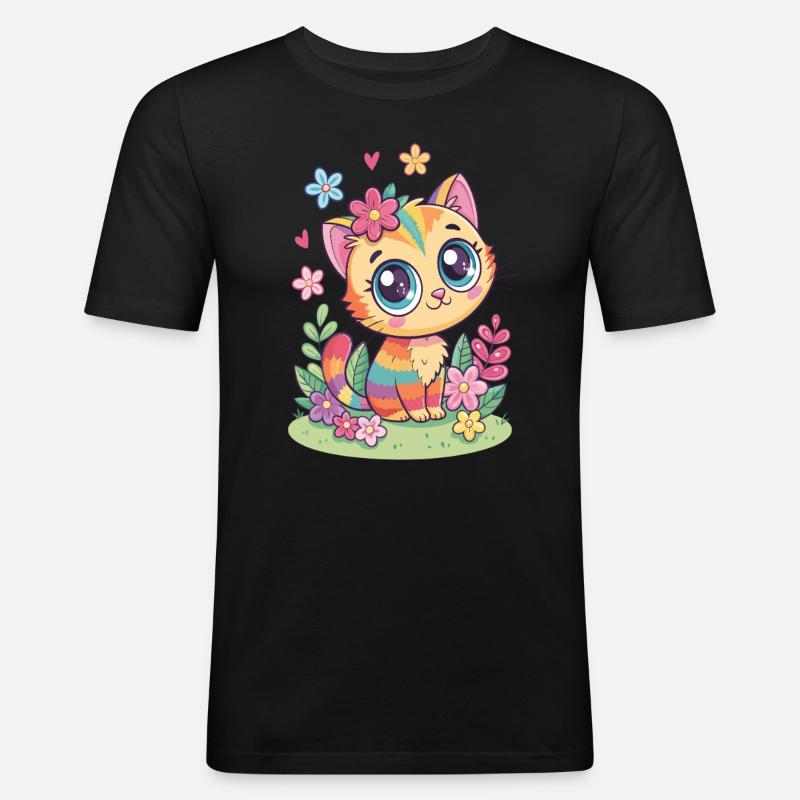 Regenbogen Katze mit Blumen - Männer Slim Fit T-Shirt - Schwarz