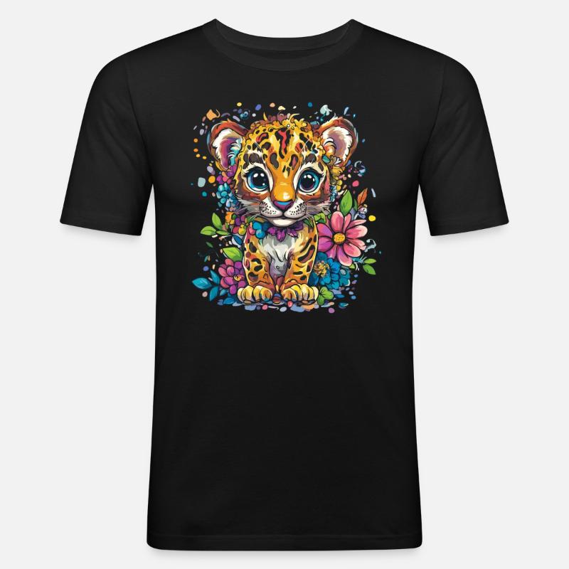 Kleiner Leopard mit Blumen - Männer Slim Fit T-Shirt - Schwarz