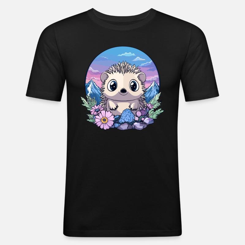 Igel in Alpenblumen - Männer Slim Fit T-Shirt - Schwarz