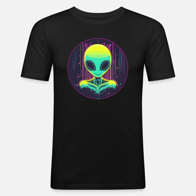 Neon Alien im All - Männer Slim Fit T-Shirt - Schwarz