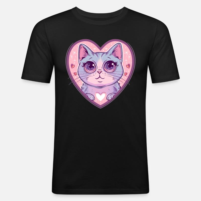 Herzkatze mit Glanzblick - Männer Slim Fit T-Shirt - Schwarz