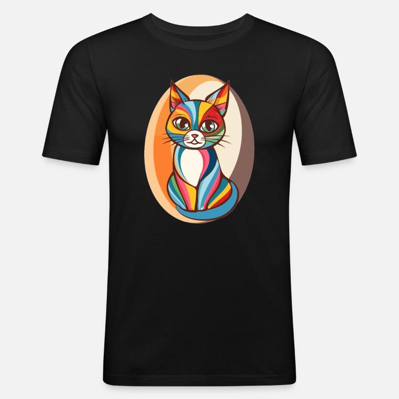 Bunte Popart Katze - Männer Slim Fit T-Shirt - Schwarz