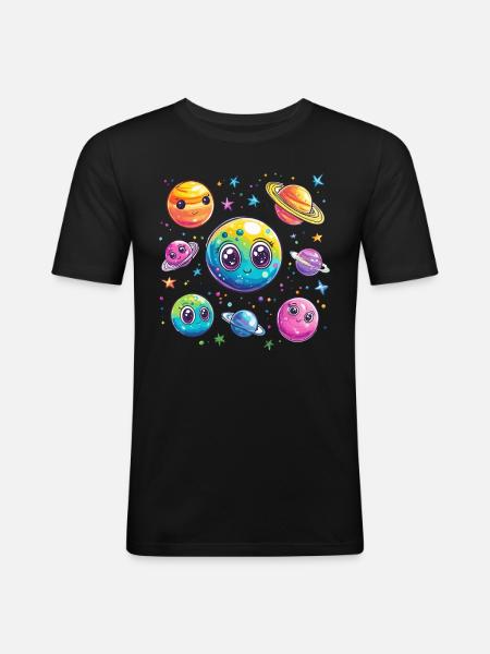 Bunte Planetenfreunde - Männer Slim Fit T-Shirt - Schwarz