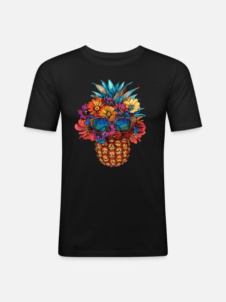 Ananas mit Blumenschmuck - Männer Slim Fit T-Shirt - Schwarz