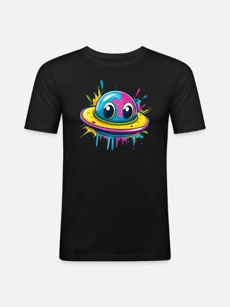 Buntes UFO mit Augen - Männer Slim Fit T-Shirt - Schwarz